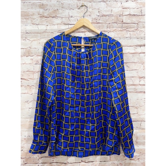 The Limited Women's Royal blue Geometric Checkered Long-sleeved Blouse Size M - Picture 3 of 5